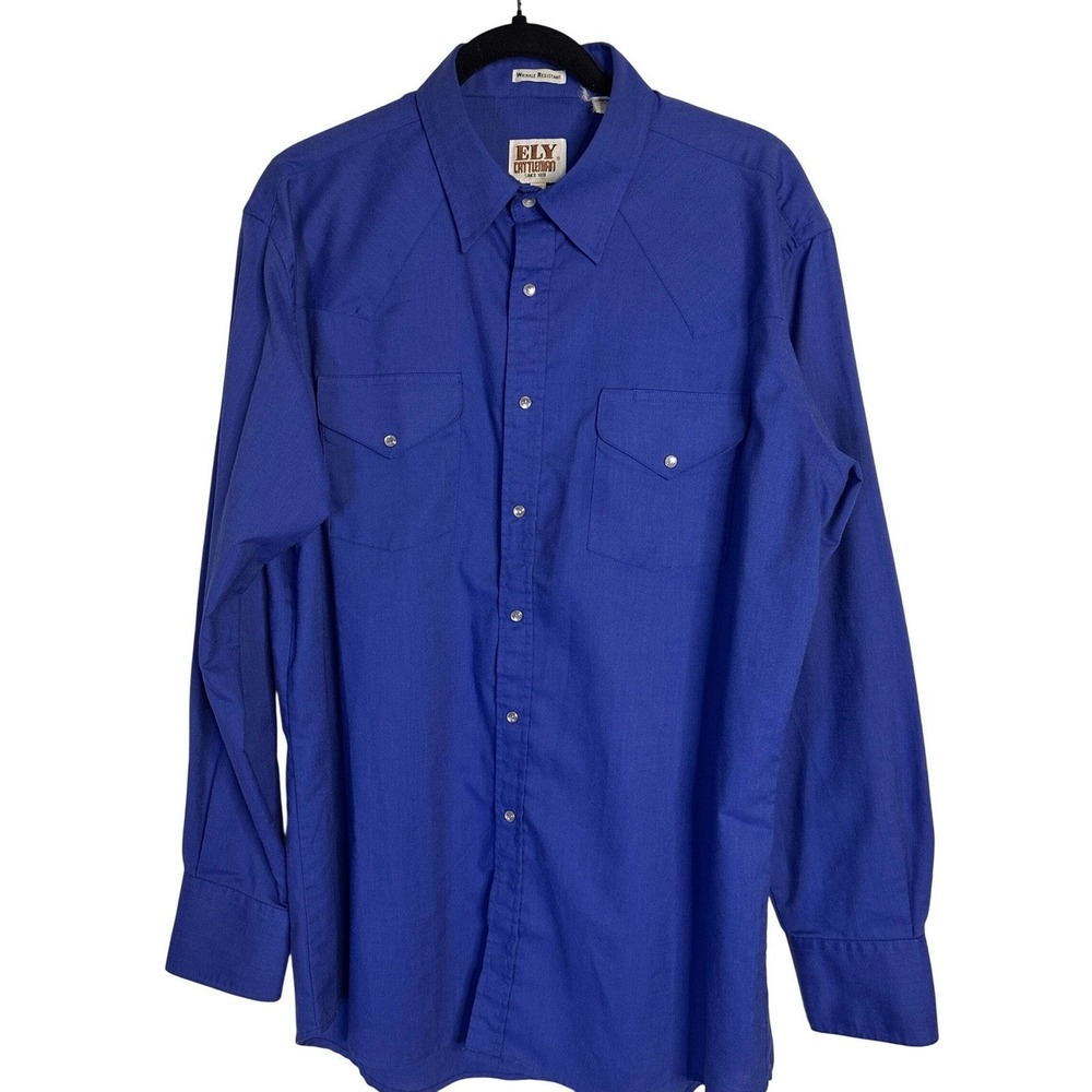 VTG ELY CATTLEMAN Mens Royal Blue Western Pearl Snap‎ Shirt Long Sleeve 16.5 35